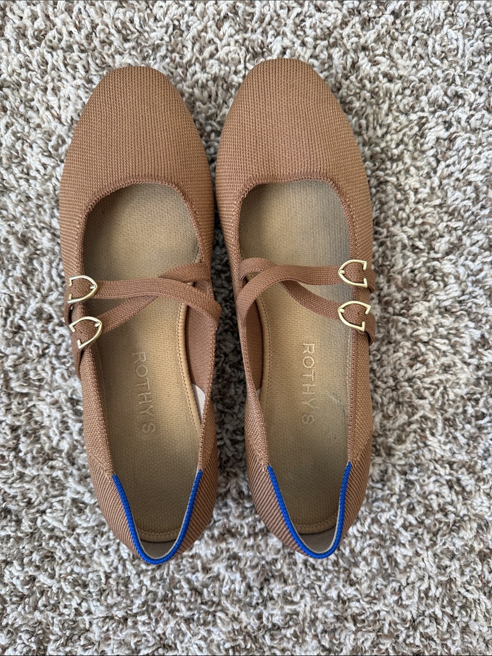 Rothy's Brown Knit Mary Jane Flats with Gold Buckles